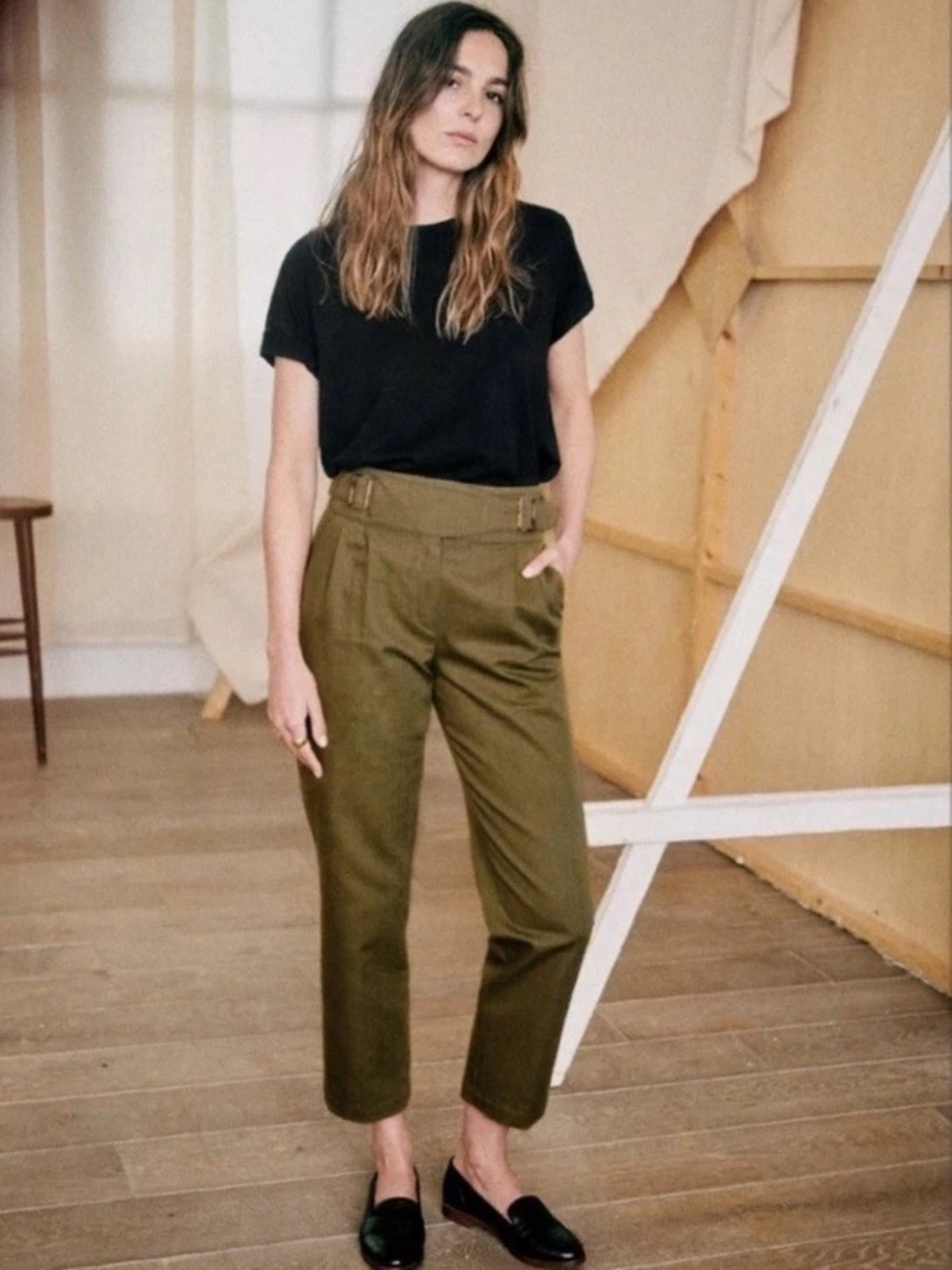 Sezane Francky Trousers Blend Cotton Linen Blend Size 2 Olive Green Carrot Cut